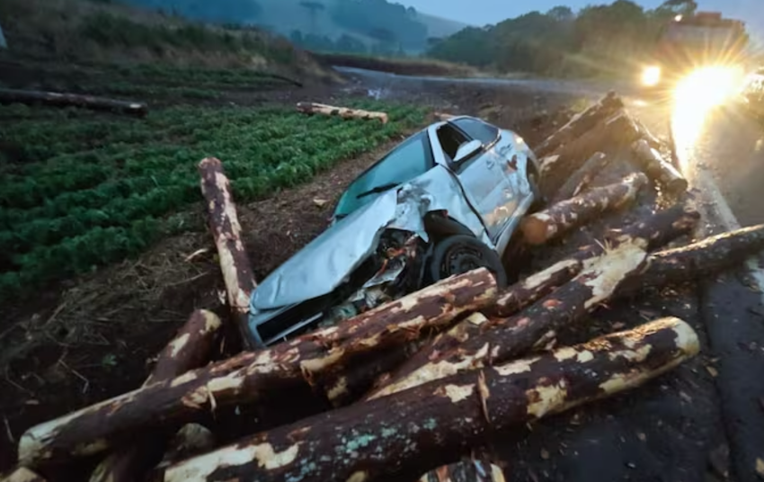  Carga de toras de madeira cai, atinge carros e deixa três feridos